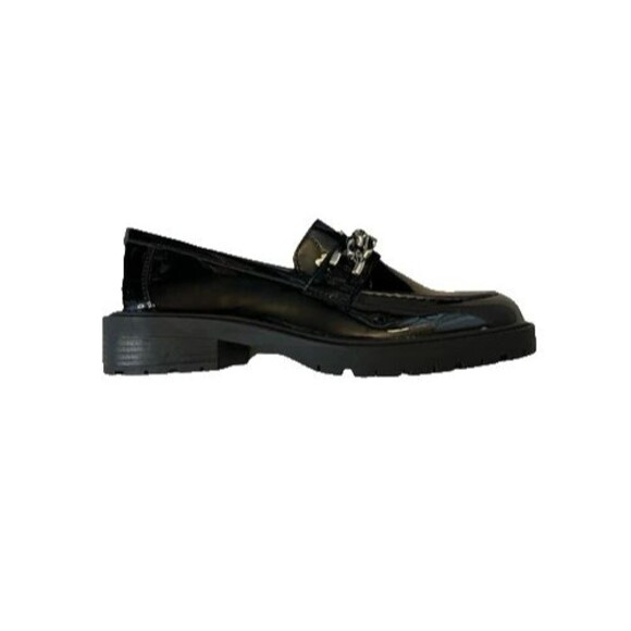 Serra Black Patent Leather Lug Platform Soled Loafers Women’s 8 Silver Chain NIB - Picture 4 of 5